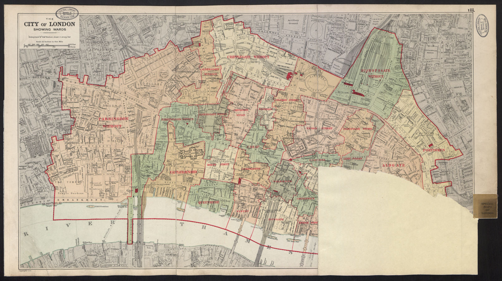 CITY OF LONDON showing WARDS. Churches & public building plans. BACON 1934 map